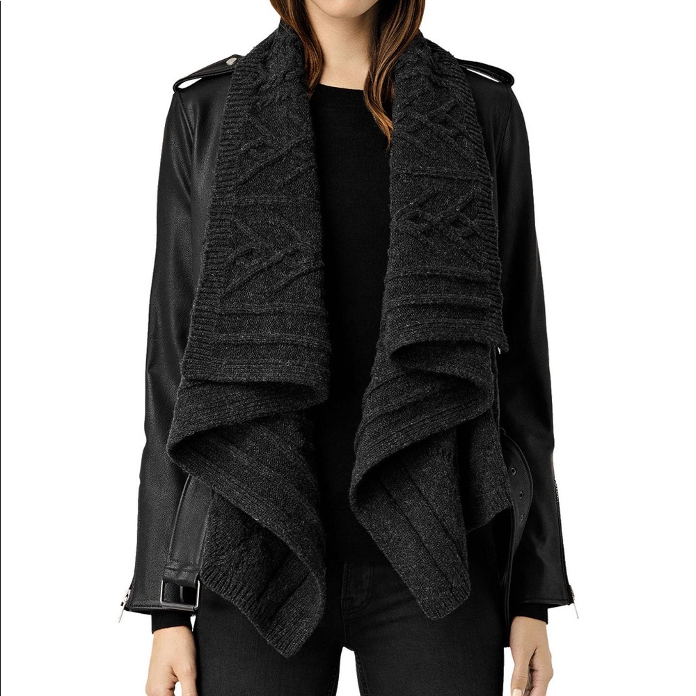 All Saints Leather & Sweater Draped Jacket
